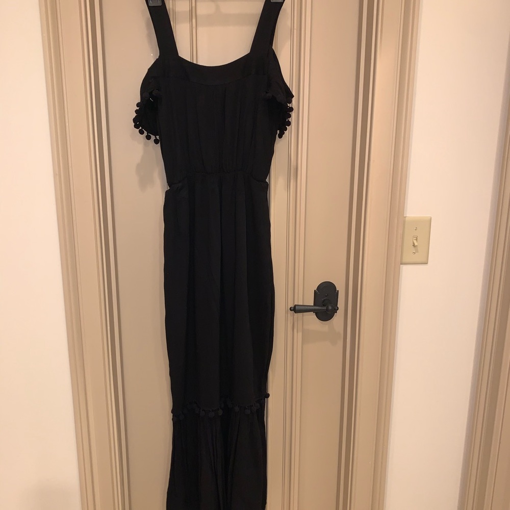 Black crinkle cotton long dress w/ ball fringe